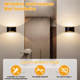 LED Wall Sconce Battery Operated, Modern Aluminum Wall Mount Light Rechargeable, Touch Control Dimmable Wall Lamp Black, Up Down Wall Lights Indoor for Living Room Bedroom Hallway Stair, Warm White