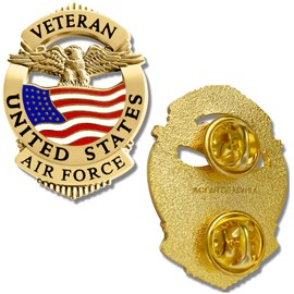 Air Force Veteran Pin - Patriotic Military Double-Clutch Lapel Badge with USAF American Eagle & United States Flag Design - Made of Strong Metal (Gold Tone)