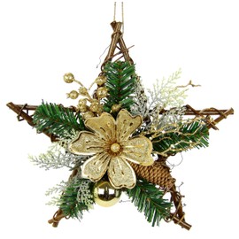 Rattan Star Decorated with Magnolia Real Cones Fir Branches Berries Christmas Tree Bauble Decorative Branches Bow for Hanging Poinsettia Door Decoration Wall Wooden Star Christmas Decoration
