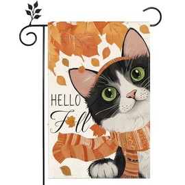 Hello Fall Pumpkin Cat and Dog Garden Flag 12x18 inch Double-side burlap Home Decoration Outdoor Yard Flag Decoration