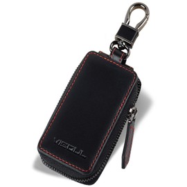 VISOUL Smart Key Case, Genuine Leather, Italian Leather, Cover Type, Key Holder, Cowhide Leather, Men's Car Key Cover (A Leather, Top and Bottom Opening, Red Line)