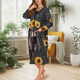 ZIATUBLES Sunflower Leopard Highland Cow Print Zipper Front Robes Women Long Sleeve Sleepwear with 2 Pockets Zippered Nightgowns Rew Neck Nightwear for Fall Winter Loungewear, XL