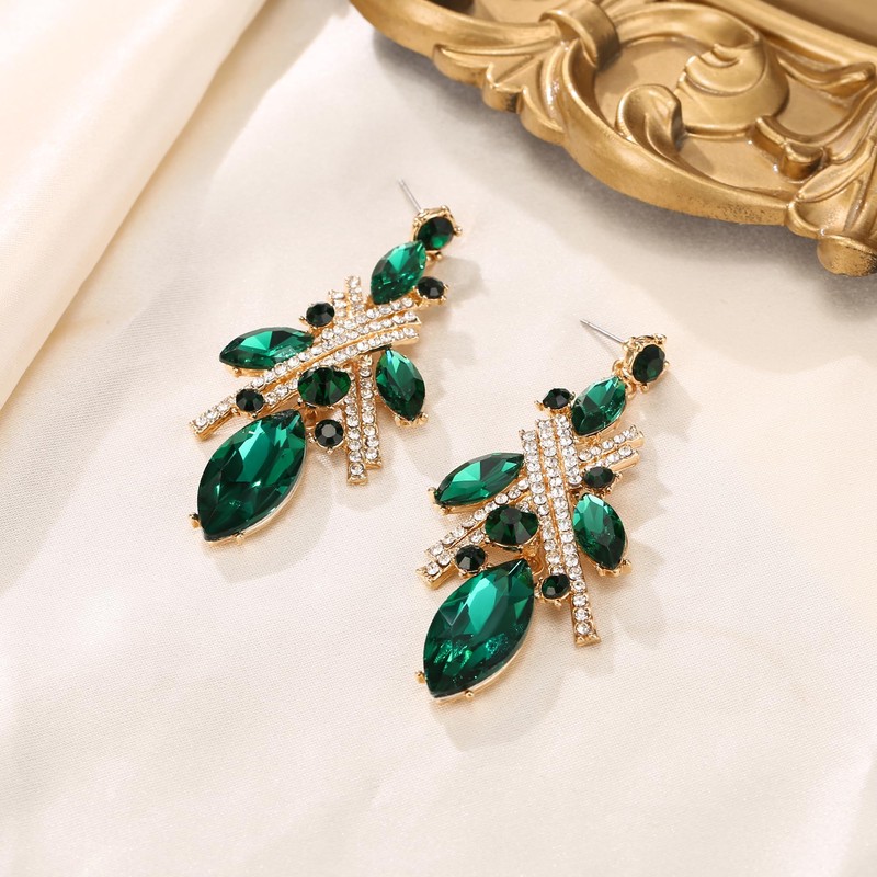Flyonce Marquise Wedding Earrings for Brides Bridal, Green Rhinestone Crystal