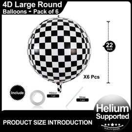 Checkered Balloons 6 Pack 22 Inch Racing Balloons Helium Foil Mylar Black and White Racing Balloons for Black&White Themed Birthday Baby Shower Ceremonies Holiday Parties Decorations Supplies