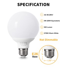 8 Pack Warm White LED Globe Light Bulbs for Bathroom, 120V 60 Watt Eqv., E26 Medium Base, Not Dimmable Vanity Light Bulbs Round, 2700K G25 LED Bulb Over Mirror