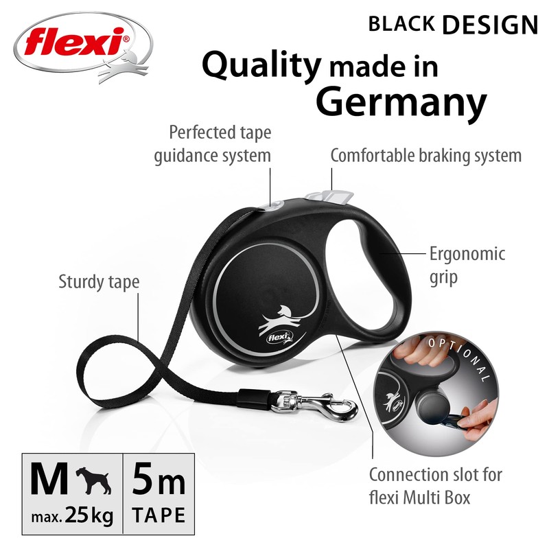 Flexi Black Design Tape Black Medium 5m Retractable Dog Leash/Lead