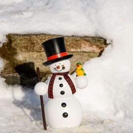 Seiffener Volkskunst Incense Smoker Figure 15 cm Snowman Original Ore Mountains 12213 with Bird