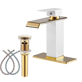 Bathroom Faucet Gold Spout Waterfall White Body Single Hole 1 Handle Bathroom Vanity Sink Faucet with Deck Plate and Pop Up Drain Stopper Overflow Brass Basin Mix Tap Deck Mount