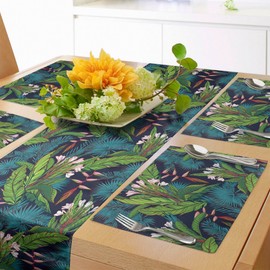 Ambesonne Leaf Table Runner & Placemats, Tropical Jungle Palm Tree Banana Leaves Frangipani Heliconia on Dark Blue Background, Set for Dining Table Decor, Placemat 4 pcs + Runner 16"x72", Blue Teal