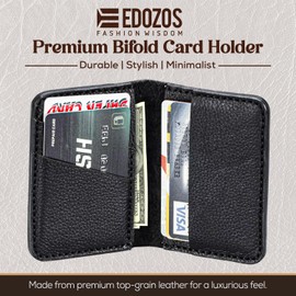 Edozos Genuine Leather Bifold Credit Card Holder Wallet for Men & Women – Soft Milled Leather, Compact & Slim Design – Holds 6 Cards + Cash (Black)