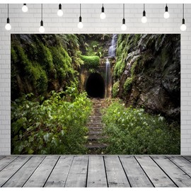 CORFOTO 7x5ft Fabric Forest Hidden Tunnel Backdrop Dark Lava Tube Tunnel Jungle Photography Background Adventure Party Decorations Photo Banner Props