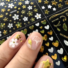 30 Sheets Gold Nail Art Stickers Decals 3D Self-Adhesive Leaf Flower Nail Art Stickers for Nail Art Gold Star Moon Nail Decals White Heart Snowflake Nail Art Design Decoration for Women and Girls