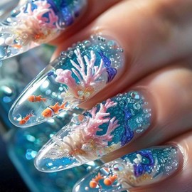 CJDLTS Marine Life Press on Nails Almond Long Length Fish Seaweed Pattern Design Press Artificial Stick on Nails Full Covre Glossy Acrylic False Nail Reusable Glue on Nails for Women 24Pcs