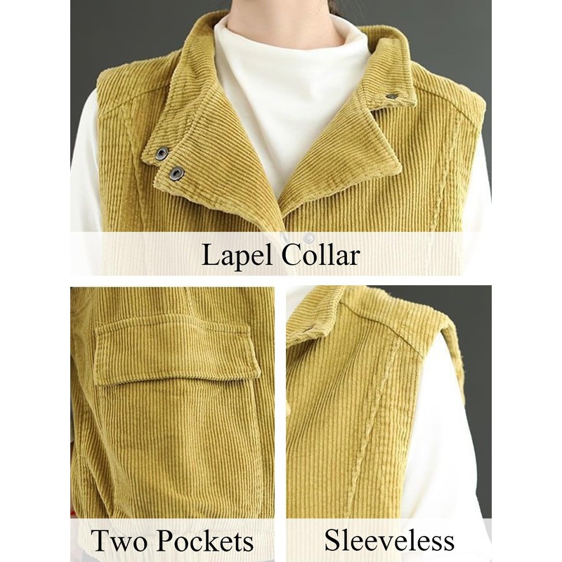 Wowcarbazole Womens Vests Corduroy Button Down Sleeveless Outerwear Cargo Vest