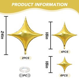 HILAVO 12PCS Gold Star Balloons, 24in 18in 10in Four Pointed Star Shaped Balloons Gold Foil Balloons for Graduation New Year Birthday Retirement Party Decorations