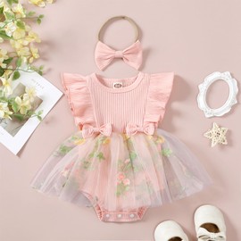 Douhoow Infant Baby Girl Summer Clothes Baby Girl Romper Dress Fly Sleeve Tulle Baby Dress Baby Romper with Headband (Pink, 3-6 Months)