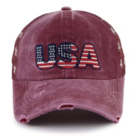 Vxchkerm USA American Flag Trucker Hat for Women, Funny Adjustable Washed Embroidered Distressed Mesh Baseball Cap, Usa Embroidered Red, One Size