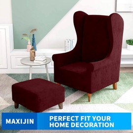 MAXIJIN Stretch Velvet Wingback Chair Slipcover 1-Piece Soft Stylish Plush Slipcovers for Wingback Chairs Thick Rich Velvet Wing Chair Cover with Elastic Bottom (Wing Chair, Wine Red)