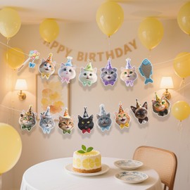 Bandera de decoración de gato, lindo sombrero de cumpleaños, bandera de fiesta temática de gato