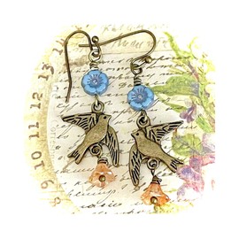 Bronze Birds with Blue and Apricot Flower Earrings Spring Nature Peace Jewelry Earrings for Women #3298FE3199