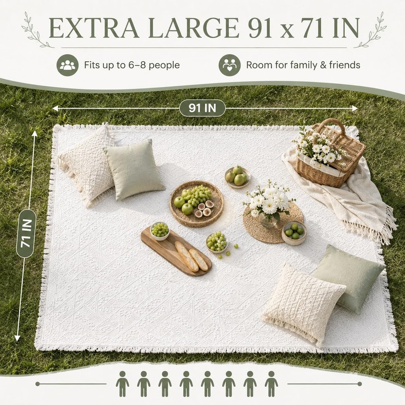 Etnorsu 91 x 71inch White Outdoor Picnic Blanket with Waterproof