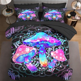 WeCozy 7 Pcs Queen Size Comforter Set with 2 Pillowcases & 2 Shams, Hippie Mushroom Bedding for Kids and Adults, Dream Mandela Colorful Bed in a Bag with Flat Fitted Sheet