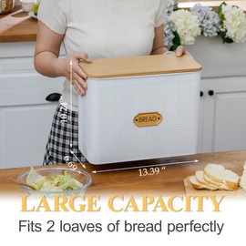 HOME PALETTE Extra Large Bread Box for Kitchen Countertop Corner Breadbox for Homemade Bread Metal White Diagonal Stripe Pattern Embossed Storage Container Bin with Bamboo Lid Fits 2 Loaves of Bread