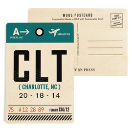 Charlotte, North Carolina, CLT, Luggage Tag (4x6 Birch Wood Postcards, 2-Pack Stationary, Rustic Home Wall Decor)