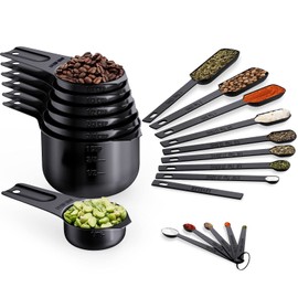 Wildone Black Measuring Cups & Spoons Set of 21 - Includes 7 Stainless Steel Nesting Measuring Cups, 8 Measuring Spoons, 1 Leveler & 5 Mini Measuring Spoons, Ideal for Dry & Liquid Ingredients