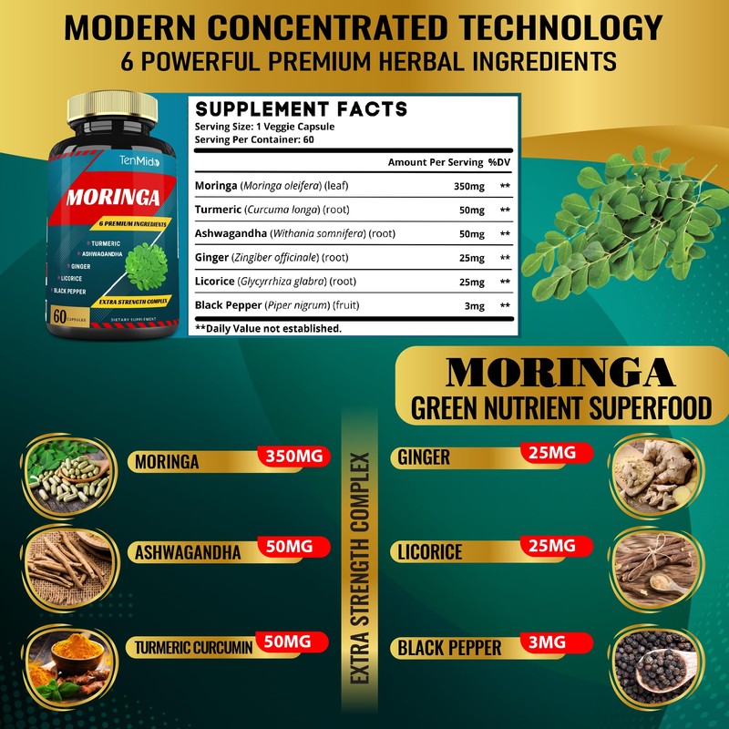 2 Packs Moringa Capsules, 4 Months Supply with Turmeric, Ashwagandha,