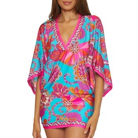 Trina Turk Women's Meilani Swim Dress, V-Neck, Casual, Floral Print, Beach Cover Ups, Multicolor (A), Small