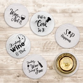 Coasters for Drinks Absorbents with Holder - 6 Pcs Gift Set with 6 Funny Sayings for Wine Lovers - Ceramic Stone with Corked Back, Unique Present for Housewarming, Living Room Decor