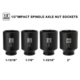 Mayouko 4PCS 1/2" Drive Spindle Axle Nut Impact Socket Set, 1-13/16, 1-7/8, 1-15/16, 2 Inch, CR-MO, Deep, 6 Point