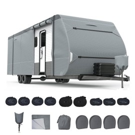Che Yi Bao 24-27FT RV Cover Upgraded 8 Layers Top Windproof Travel Trailer Camper Cover Cover for 24' to 27' RV, with Tire Cover,Hauler Cover Tongue Jack Extra Long Windproof Ropes