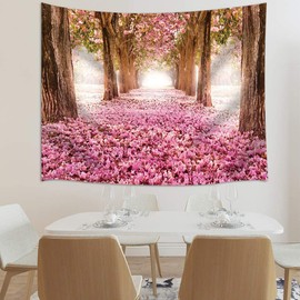 JAWO Pink Sakura Flower Tapestry Wall Hanging, Floral Cherry Blossom Tree in Spring Tapestries for Dorm Living Room Bedroom, Wall Blanket Beach Towels Home Decor 90X70 Inches