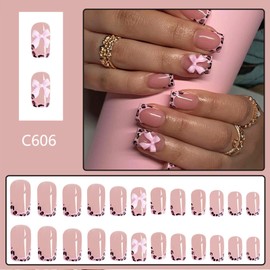 Valentine's Day Press on Nails Medium Square Fake Nails with Bow Leopard Designs Nude Glue on Nails Pink French Acrylic Nails Transparent False Nails Valentines Stick on Nails for Women 24Pcs