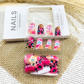 LWTZLW Duck Press on Nails Flower Short Square Fake Nails Colorful Full Cover Glue on Nails Zebra Pattern Acrylic False Nail Floral Glossy Artificial Nail Reusable for Women