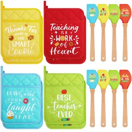 Lallisa 16 Pcs Teacher Appreciation Pot Holder Teacher Spatula Teacher Appreciation Gifts Heat Resistant Microwave Oven Mitt Silicone Spatula with Wooden Handle for Baking End of the Year Teacher Gift
