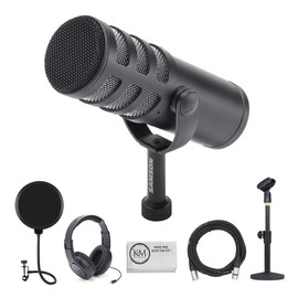 Samson Q9x Dynamic Broadcast Microphone Bundled with Mic Table Stand + Headphones + Wind Screen Pop Filter + XLR Cable + Cleaning Cloth (6 Items)