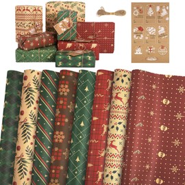 LEMESO Christmas Wrapping Paper 8 Sheets Gift Wrapping Kraft Christmas Paper Wrapping Paper Sheet Gift Paper Set with Labels for Christmas Advent Calendar (50 x 70 cm)