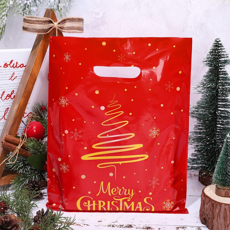 JarThenaAMCS 100Pcs Christmas Plastic Bags Gold Xmas Tree Snowflake Merchandise