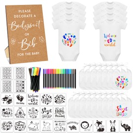 SytuHete 69 Pcs Baby Bib Bodysuit Set - Baby Shower Game Sign & Feeder Bib - Newborn Bodysuit - Fabric Marker (Classical)