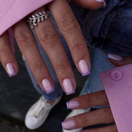 SXVME 30 Uds Morado Francés Punta Prensa En Uñas Cuadradas Cortas Prensas Ons, Uñas Falsas Cortas Ataúd Uñas Acrílicas Pegamento Francés En Uñas Corta