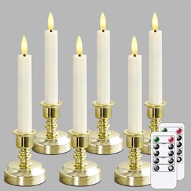 Wroxipel LED Battery Operated 2 Remotes & Cycle Timer 0.78" x6.4" Ivory Plastic Taper Candles, Flameless Flickering Pack of 6 Long Lasting Candles (Included 6pcs Gold Candlesticks)