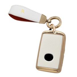 HIBEYO for New Mazda Key fob Cover Leather Smart 3 Button Key Case for Mazda 3 Alexa CX4 CX5 CX8 2019 2020 2021 2022 2023 Accessories- with Macaron Keychain(White)