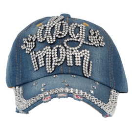 TOP HEADWEAR Dog Mom Paw Rhinestone Hat Distressed Denim Baseball Cap - Denim