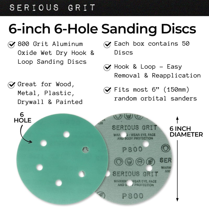 Serious Grit - 6-Inch 6-Hole 800 Grit Sanding Discs -