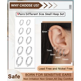 5Pairs Small Huggie Hoop Earrings Set for Women Men,Hypoallergenic 316L Surgical Stainless Lightweight Earrings for Sensitive Ears Everyday Earrings Sets for Multiple Piercing Cartilage Hoop Earrings Stack Trendy Jewelry Silver