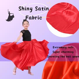 Girls Satin Full Circle Long Dance Skirt Ankle Length Shiny Satin Swing Skirt for Girls 8-12 Years Belly Dance Long Skirt, Rose, 8-12 Years