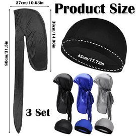 Silk Durag, 6-Pack Wave Caps Set for Men, Velvet Durag Cap with Long Tail, Soft and Breathable for 360/540/720 Waves, Black, Blue, Gray
